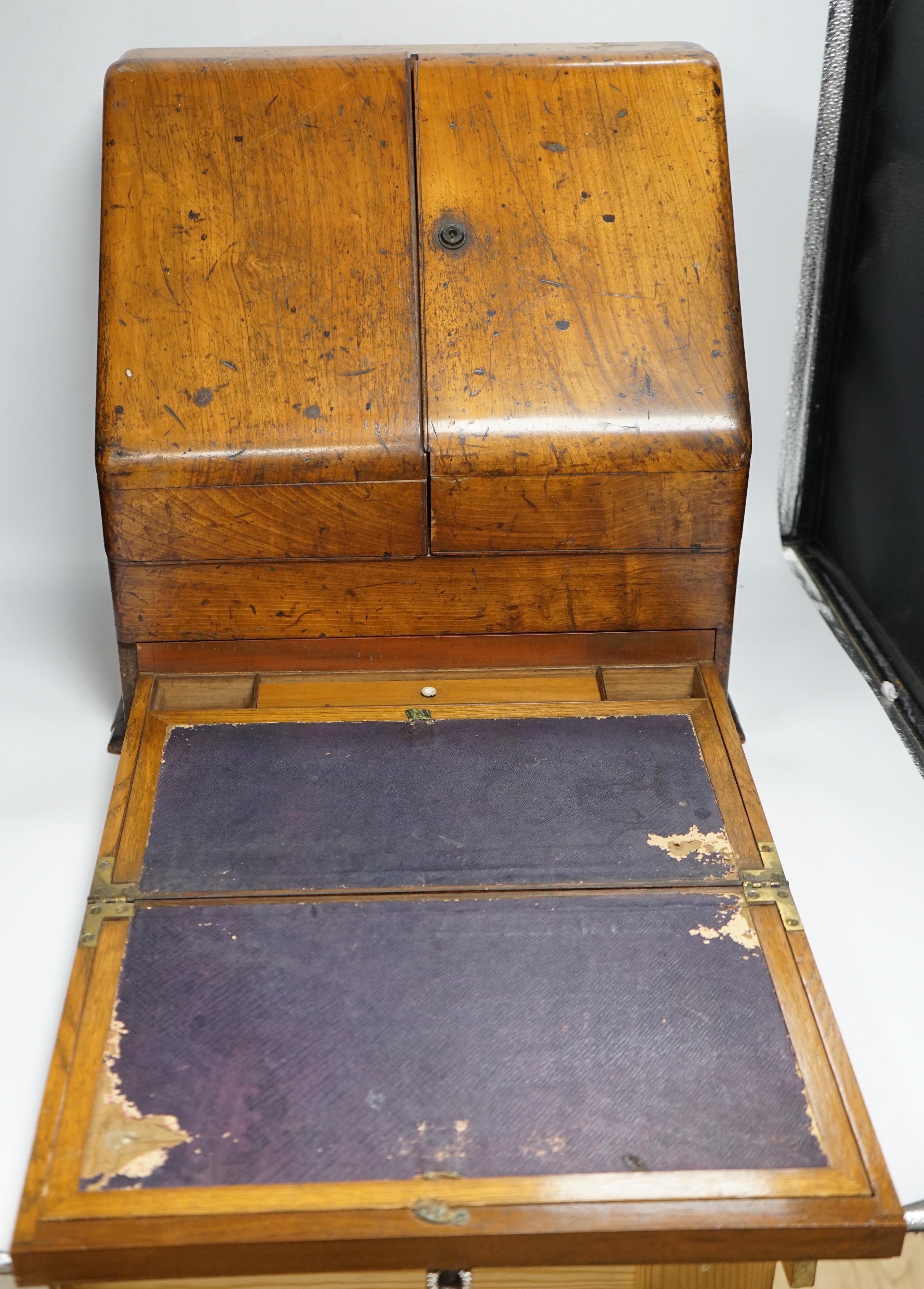 A Victorian walnut stationery box with pull out writing slope, ivory labels, 41cm wide CITES Submission reference PHGK9A82